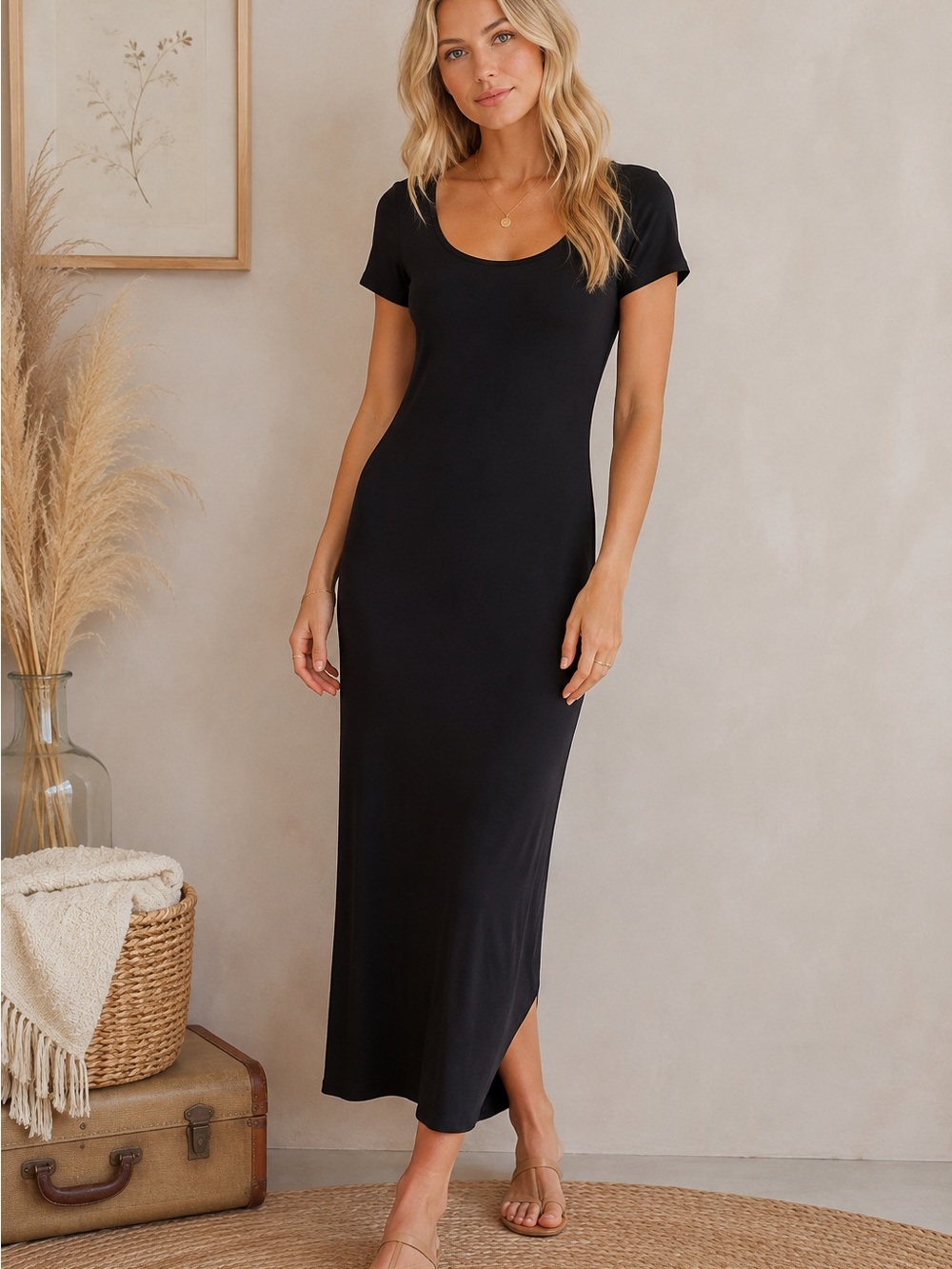 See You Monday Black Scoop Neck Short Sleeve Maxi Dress